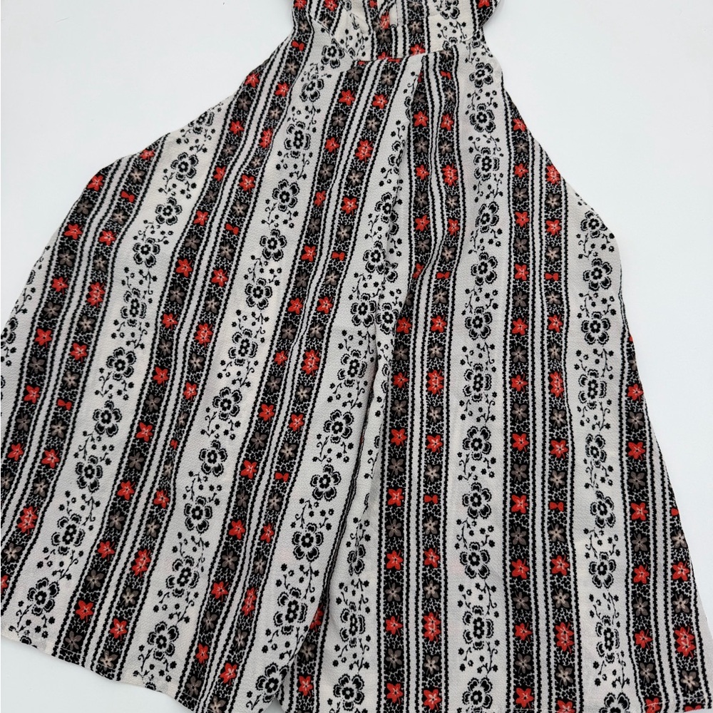 iris Cream Floral Striped Dress Top with Black and Red Accents